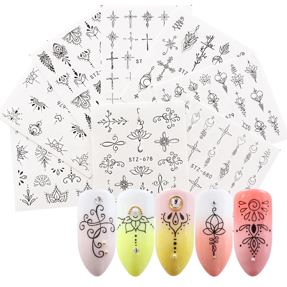 

8pcs/set Black Lace Vine Nail Water Sticker Lotus Flower Leaf DIY Water Transfer Wrap For Nail Art Decor Decoration TRSTZ675-682