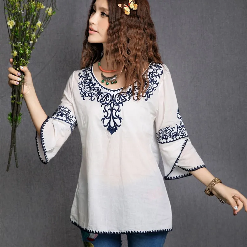 

New Fashion Women Girls Totem Pattern Vintage Ethnic Blouse Embroidery Cotton Casual Shirts Tops Blusa Ethnic Bordada