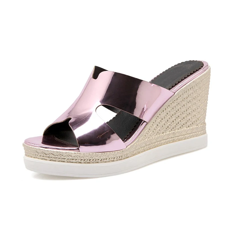 Big Size 33-43 Summer Woman Shoes Platform Metallic Leather Pink Slides Wedge Beach High Heel Slippers For Women Blue Lady Shoes (4)