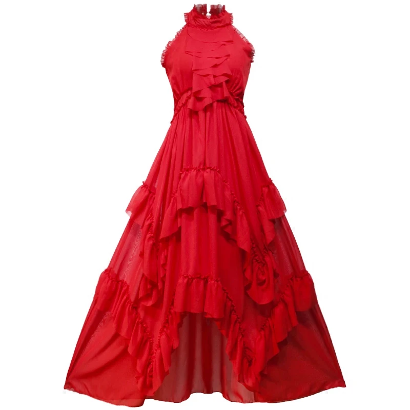 

2019 Summer Fairy Long Women Dress Maxi Elegant Chiffon Vintage Ruffles Stand-neck Sleeveless Beach Dress Evening Party White