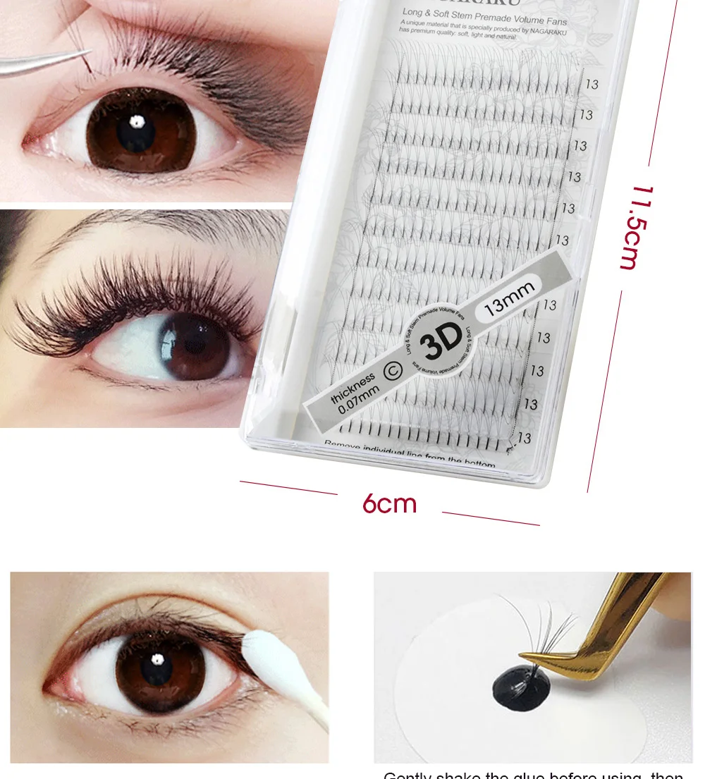 NAGARAKU 5 trays Eyelash Extensions Long stem Premade Volume Fans 3d/4d/5d/6d Lash Russian Volume Pre made Fans Soft Light