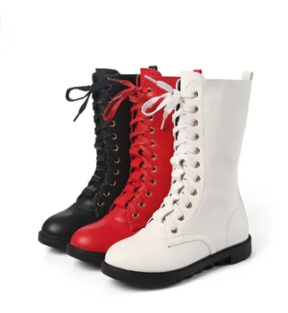 

New Korean version of the snow boots Princess autumn and winter girls simple color cross strap leather children's high boots