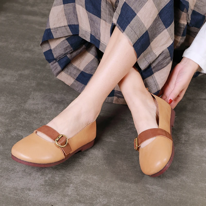 

2019 VALLU New Arrival Women Buckle Design Flat Shoes Genuine Leather Round Toe Shoes Lady Causal Soild Cover Heel Flat Shoes