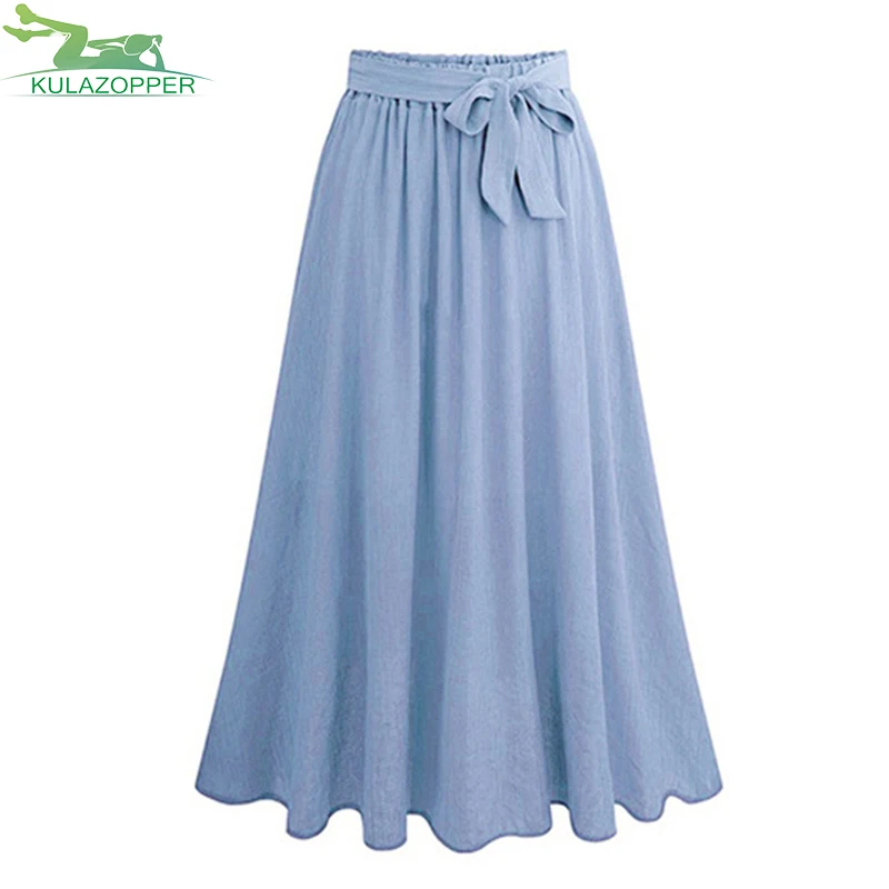2018 Women Linen Cotton Long Skirts Elastic Waist Pleated Maxi Skirts