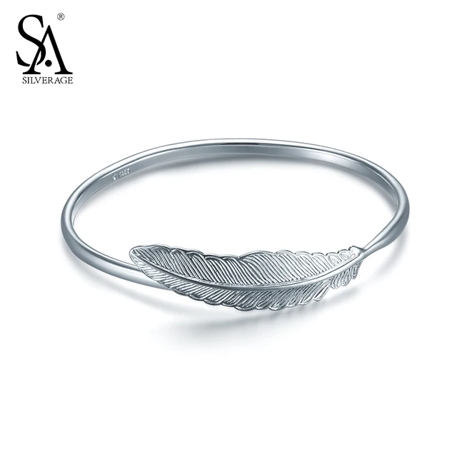 Silverage Real 925 Sterling Silver Feather Bracelet Bangles For Silverage Real 925 Sterling Silver Feather Bracelet Bangles For Women Wedding Gifts Simple Leaf Bangle