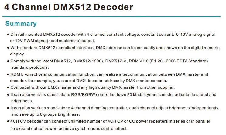 4 CH постоянное напряжение DMX512 декодер RGB/RGBW контроллер на din-рейке 4 канала затемнения контроллер 5-24VDC D4