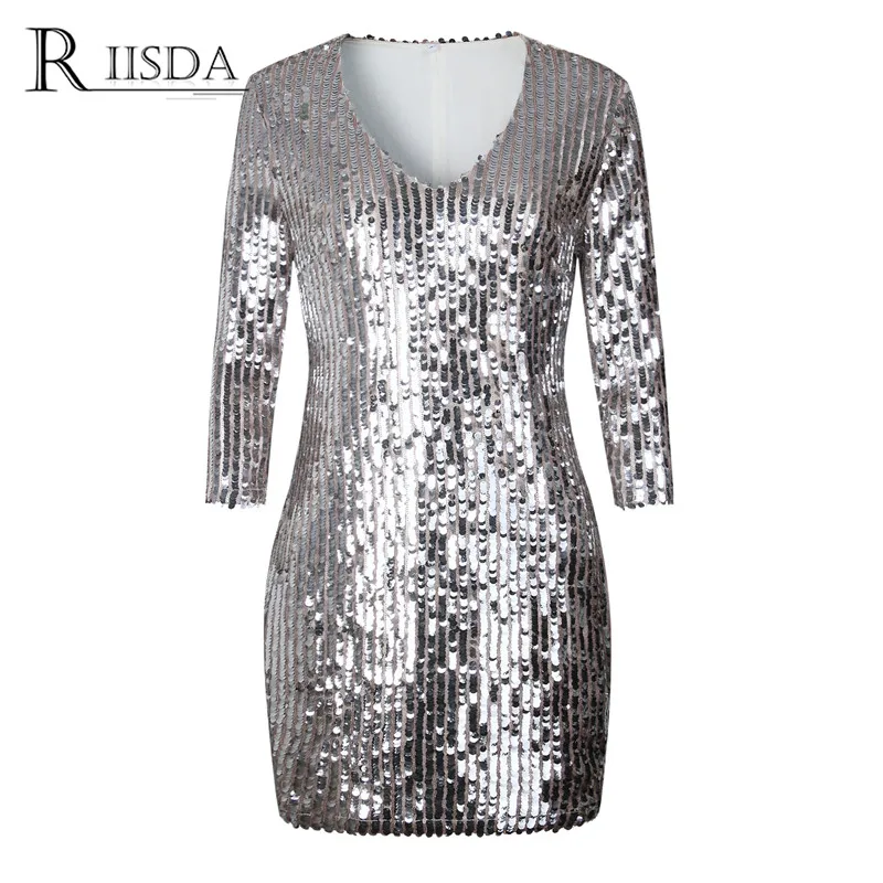 RIISDA Для женщин 2018 Платья для вечеринок Bling блесток Bodycon Sexy v образным вырезом