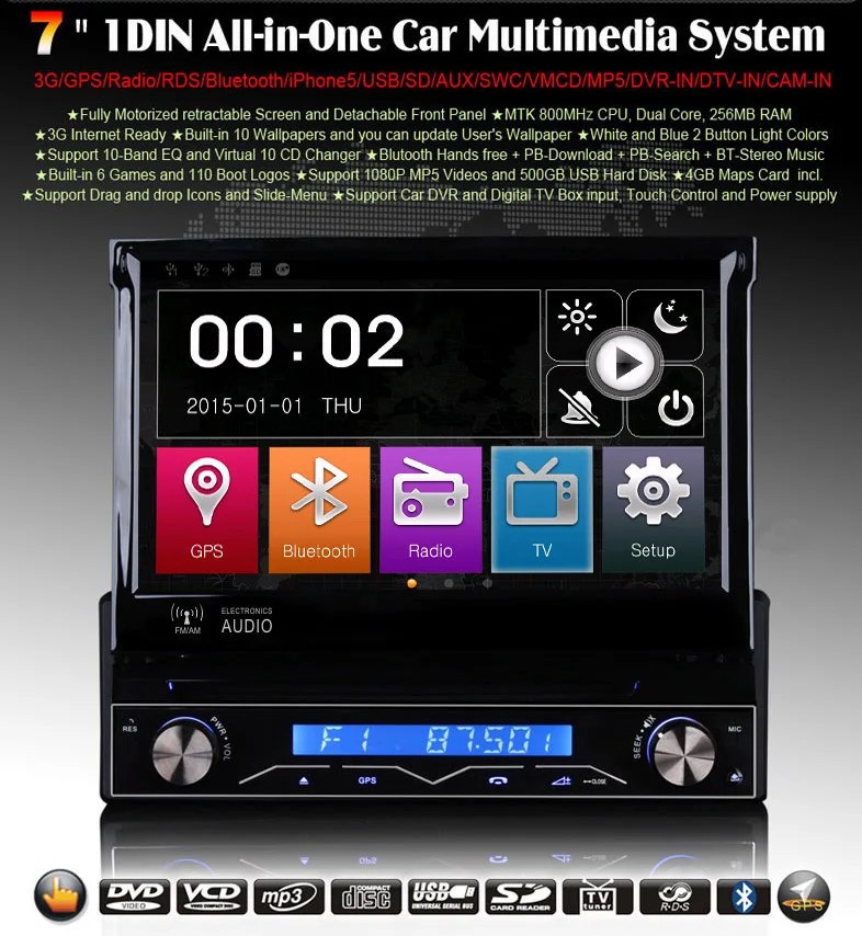 Perfect Universal 7" 1Din auto retractable panel Car DVD GPS navi system with DVBT 3G WiFi TV DVR RDS AM FM SWC 4X50W DK7088 0
