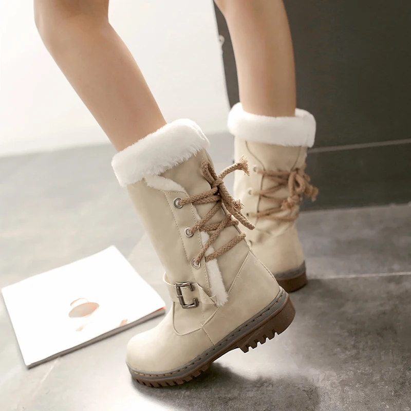 QUANZIXUAN/ г. Новые женские ботинки зимние ботинки теплые зимние ботинки на меху женская обувь кожаные женские ботинки до середины икры размера плюс 35-43 - Цвет: beige