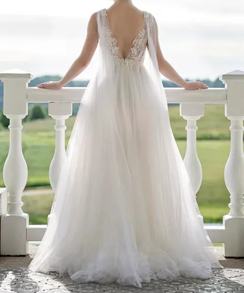 Backless Beach Wedding Dress with Ribbon Sheer Sexy V Neckline Illusion Lace Vintage Bridal Gown Custom Made