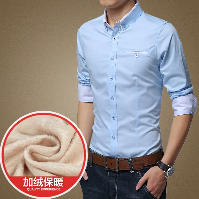 Новое поступление, Хлопковая мужская рубашка с длинным рукавом, бархатная Зимняя Повседневная рубашка, плотная теплая рубашка, мужская рубашка - Цвет: Небесно-голубой