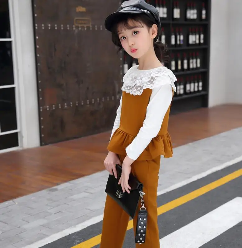 khaki clothing sets Коллекция года, весенне-осенний комплект одежды для маленьких девочек-подростков, комплекты одежды для девочек кружевная рубашка с длинными рукавами+ жилет+ штаны, костюм из 3 предметов, JW3537 - Цвет: khaki clothing sets