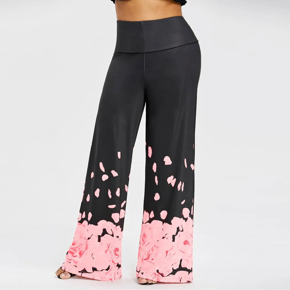 NEW Fashion Womens Casual Wide Leg Trousers Plus Size Rose Petal Printed Loose Pants hot Free Shipping W701