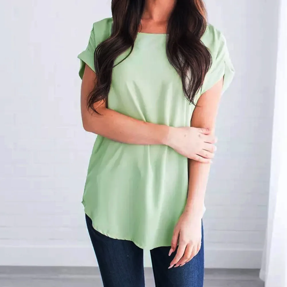 Feitong Fashion Women Casual Solid Chiffon Loose O Neck