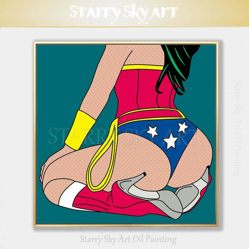 

Fashion Design Handmade Super Hero Movie Star Portrait Oil Painting on Canvas Pop Art Painting Sexy Wonder Woman Oil Painting