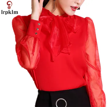 

2020 Sexy Red Chiffon Shirt Spring Summer Runway Blouse Women's Puff Long Sleeve Bow Collar Casual Blouse Fashion Tops YY891
