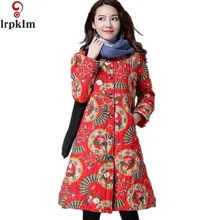 2017 Women’s Winter Jackets O Collar New Overcoat Long Retro Print Parkas Slim Thin Warm Outwear Jaqueta Feminina LZ167