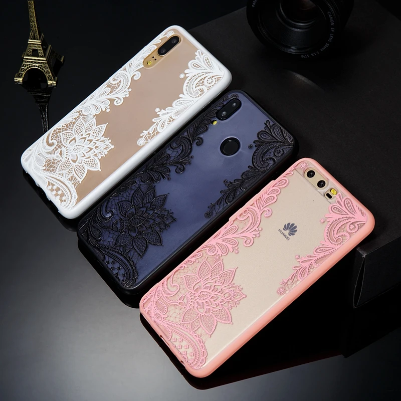 Милый розовый кружевной чехол с цветами для HUAWEI Y5 Prime Y6 Y7 Y9 2018 P20 Lite Pro P10 Honor 6X 7X 7A 7C TPU