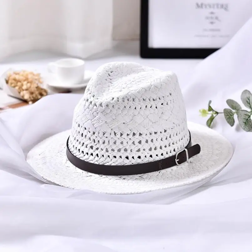 Jiangxihuitian бренды новые летние шляпы для женщин Повседневная однотонная соломенная шляпа Панама шляпа с МЕХОВОЙ окантовкой мужской полый ремень пляжная шляпа от солнца - Цвет: 2