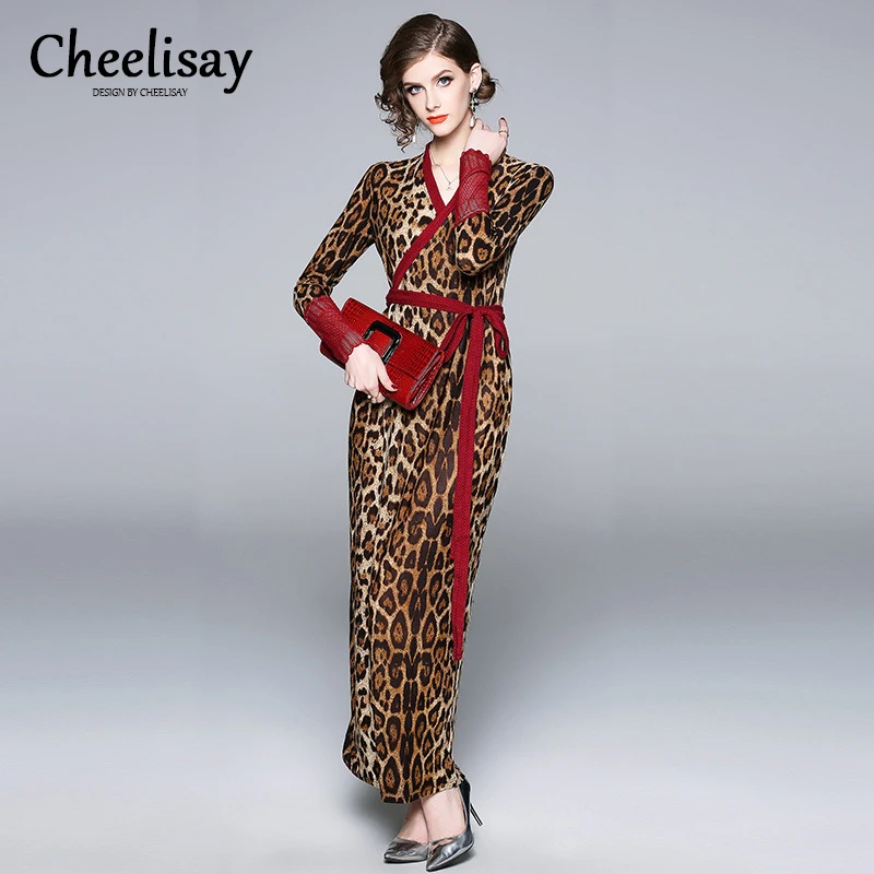 

Leopard Print 2019 New Fall V-neck Stitching Thin Autumn Dress Beach Dress Loose Long Sleeve Deep V-neck Sexy Party Vestidos