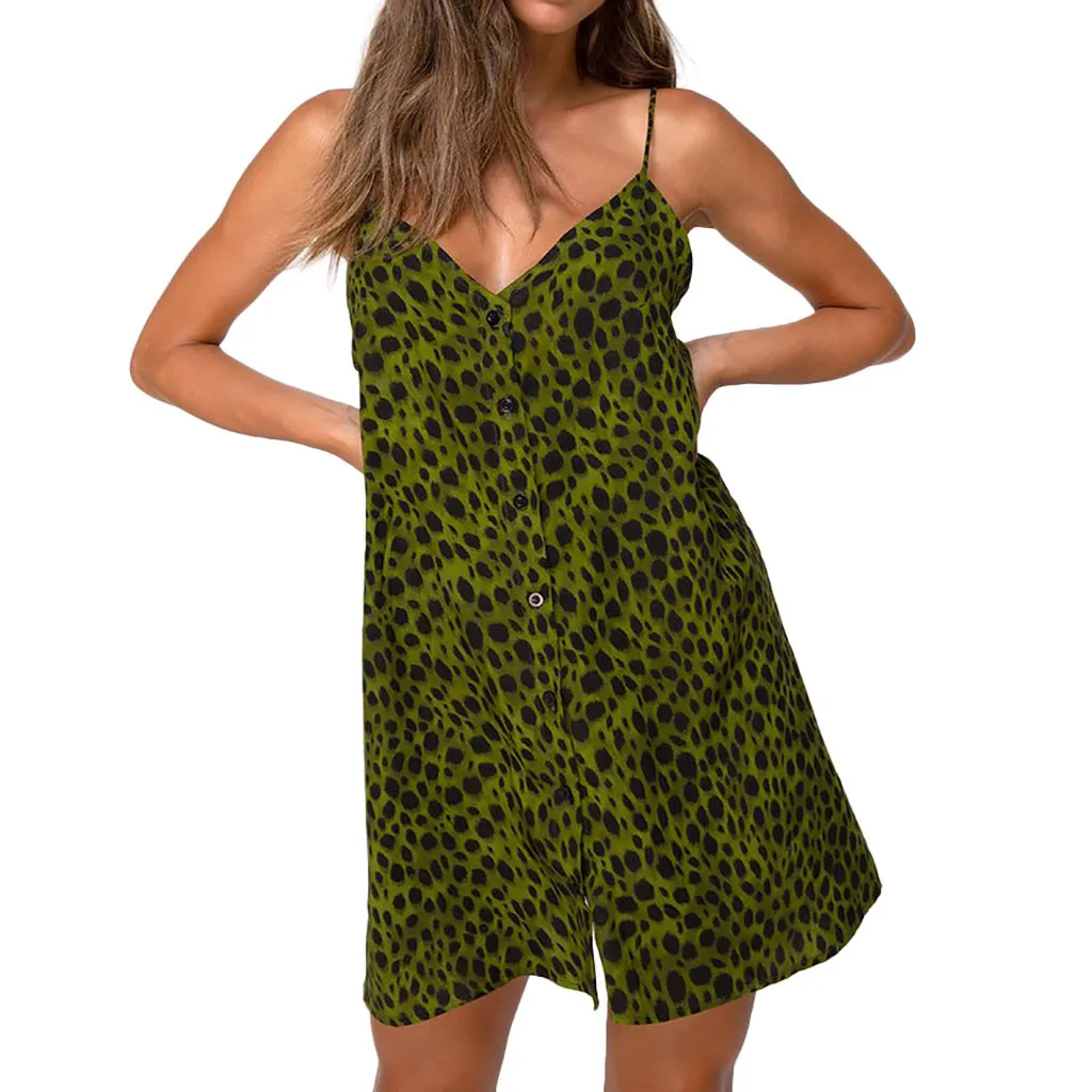 

Summer Women's Sexy Leopard-print Green Strap Sling V Neck Sleeveless Buttonless MIni Short Dress Sundress Girl's Ladies Dresses