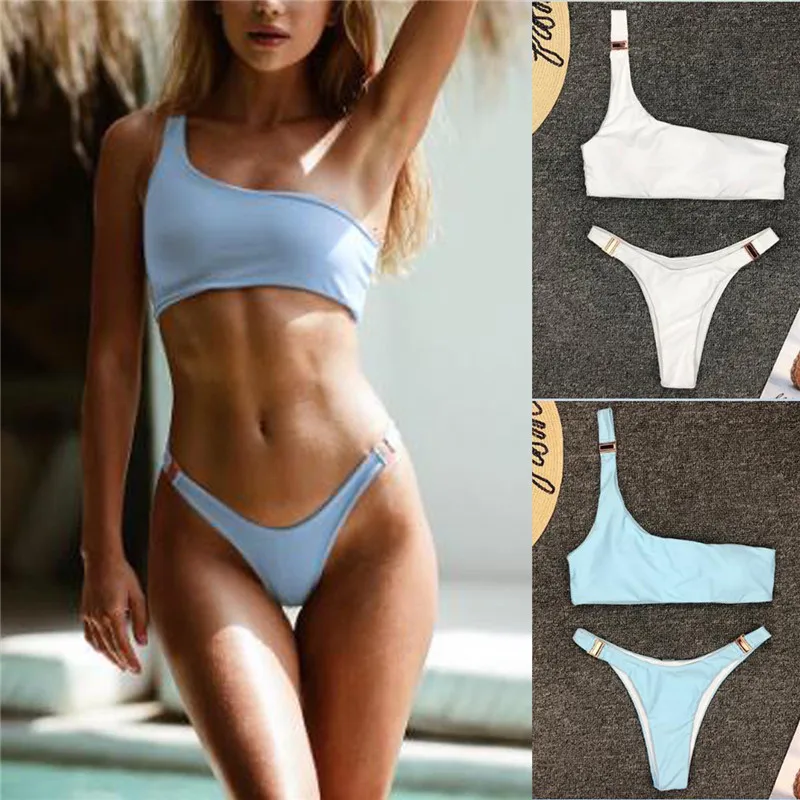 

Solid Women Swimwear White Sexy One Shoulder Bandage Pushed Up Bikini Set Blue Swimsuits Women Swimming Suits Beachwear Tankini