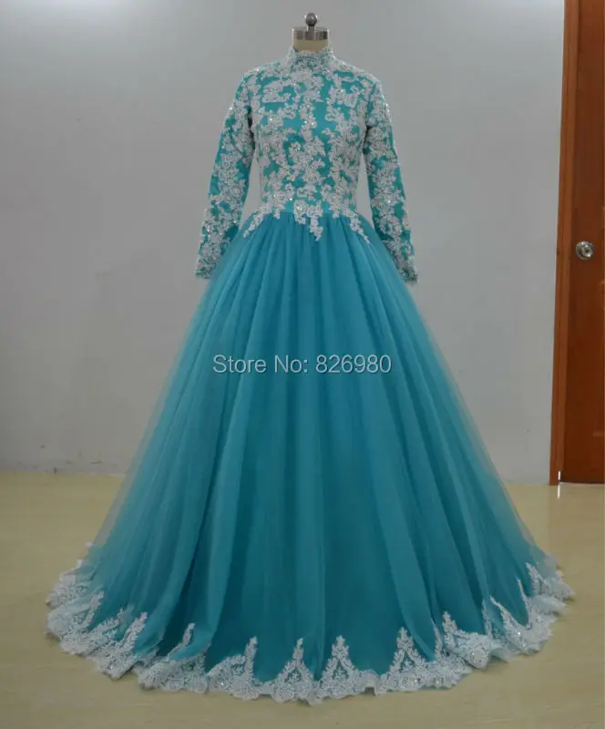Real Pictures Blue High Neck Long Sleeve font b Hijab b font Islam Muslim Wedding Dress