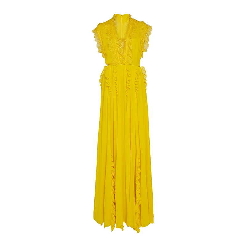 HIGH QUALITY Newest Summer Runway Dress Women's V-neck Ruffles Yellow Long Dress