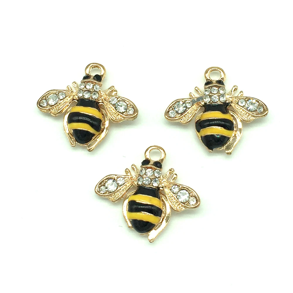 10pcs Gold Plated Lively Enamel Bee With Crystal Charms For Neckalce