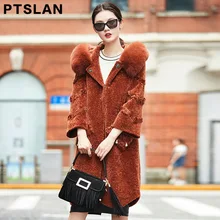 Ptslan Women Sheep Fur Coat Fashion Women Wool Coat Fox Fur Collar Long Sheep fur Beautiful Women’s Coat