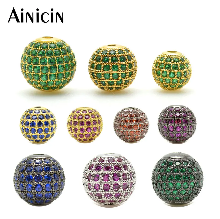 

5pcs High Quality Rhinestone Crystal Setting DIY 8~14mm Micro Pave Cubic Zircon Round Shape Spacer Beads for Jewelry Making