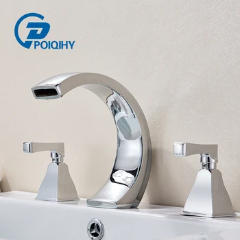 

POIQIHY 3pcs Bathtub Mixer Faucet Chrome C-shaped Spout Widespread Bathroom Sink Faucet Deck Mount Tub Tap Ceramic Plate Spool