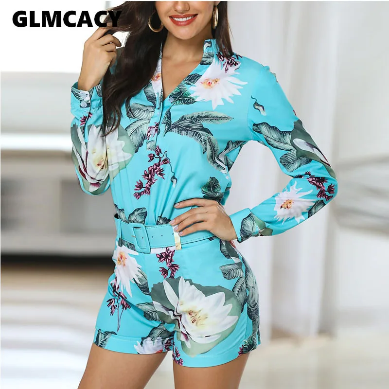 

Women Two Piece Sets Tropical Print Long Sleeve Turn Down Collar Shirt & Wrap Belt Abouve Knee Mini Bodycon Shorts Holiday Set