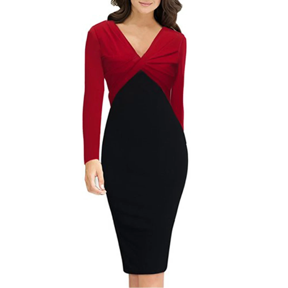 

Vintage Women Autumn Winter Long Sleeve Bandage Dress Formal Business Twist Patchwork Color Elegant Sheath Bodycon Dresses B248