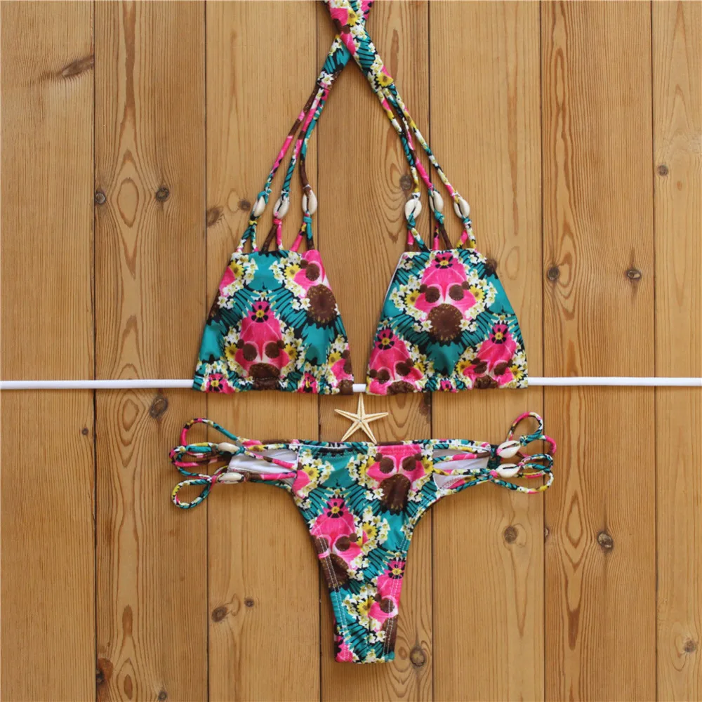 

Women Shell String Bikinis 2017 Flower Print Bikini Sexy Bathing Suit  Women Swimwear Micro Bikini Black Bikinis Set ND7076