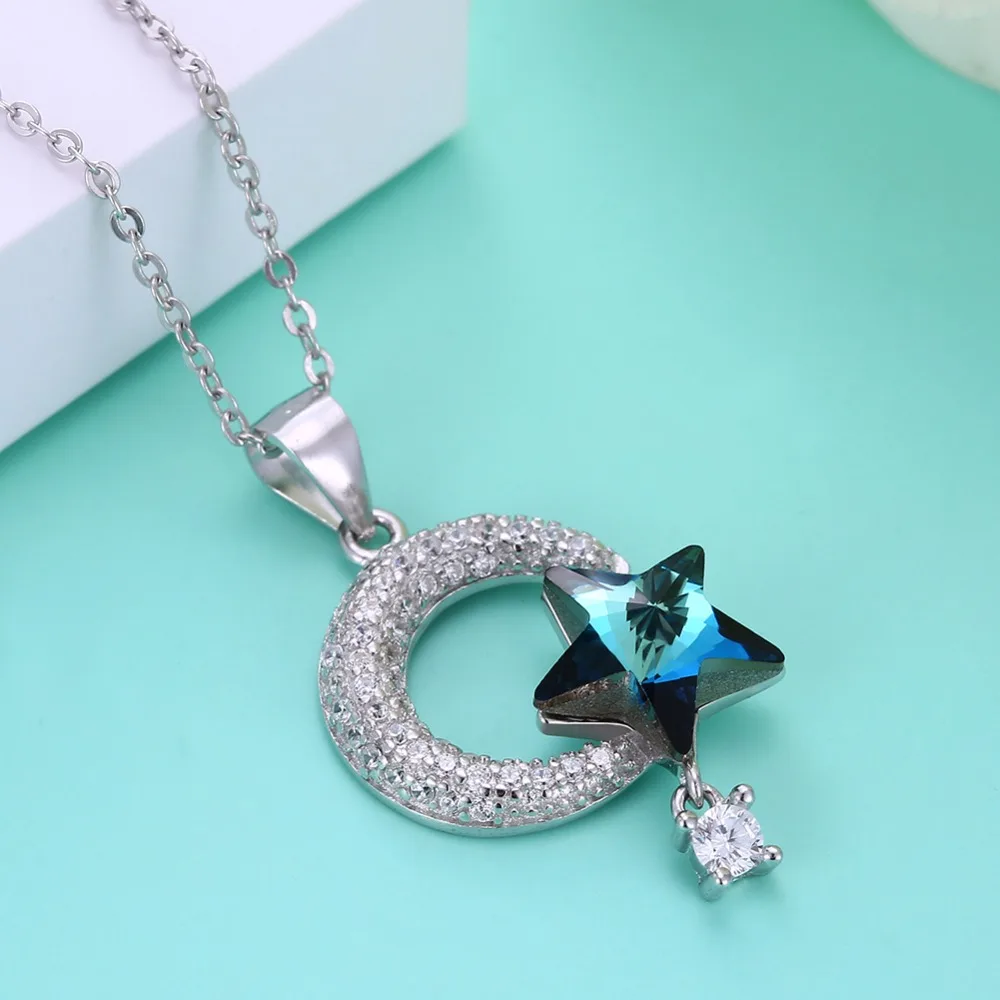 Синее Кристальное сердце s Tar-шипованные стерлингового серебра ожерелье австрийского хрусталя Swarovsk женские ювелирные украшения 925 кулон