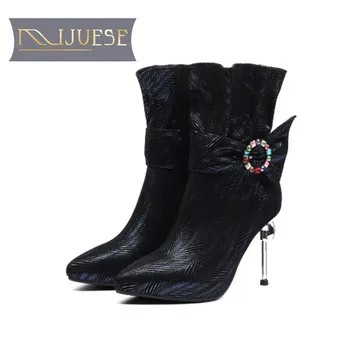 

MLJUESE 2019 women Mid-calf boots Kid Suede Totem crystal thin heel high heels boots winter short plush warm boots size 33-41