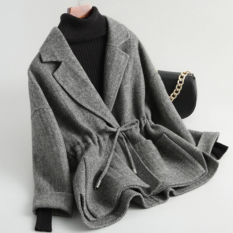 Пальто из натурального меха, Корейская винтажная шерстяная куртка, весеннее осеннее пальто, женская одежда, уличная одежда, женские топы, двухстороннее шерстяное пальто - Цвет: gray