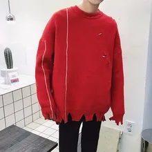 2017 Winter Men’s Solid Color Knitting Holes Pullovers Loose Coat Casual Sleeve Single Man Knit In Warm Woolen Sweaters M-2XL
