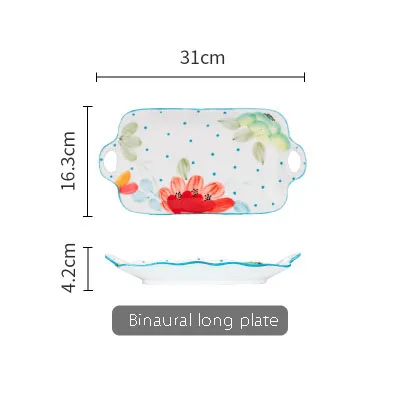 EECAMAIL красивые яркие цветы креативная ручная подглазурная роспись керамическая посуда блюдо Бытовая фруктовая Тарелка обеденная чаша суп - Цвет: Binaural long plate
