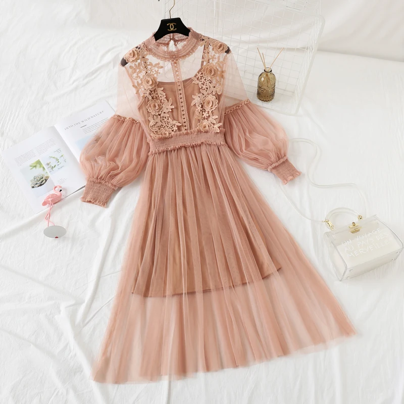 

Summer 2019 Sweet Women Midi Dress Elegant Appliques Flower Floral Mesh Patchwork Vestidos Verano Lantern Sleeve Female Dress