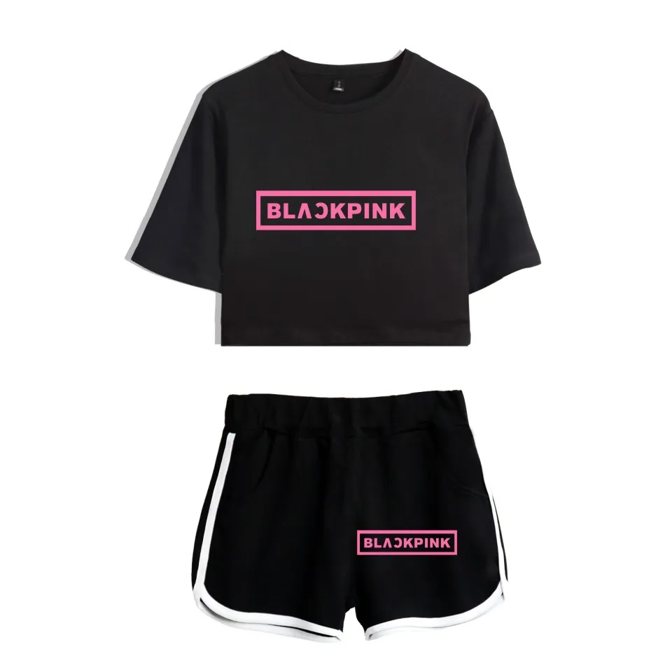 

New BLACKPINK Two Piece Set Summer Sexy 2018 Cotton Printed T shirt Album Woman Suit Shorts Crop BLACKPINK Fashion Tops+Short