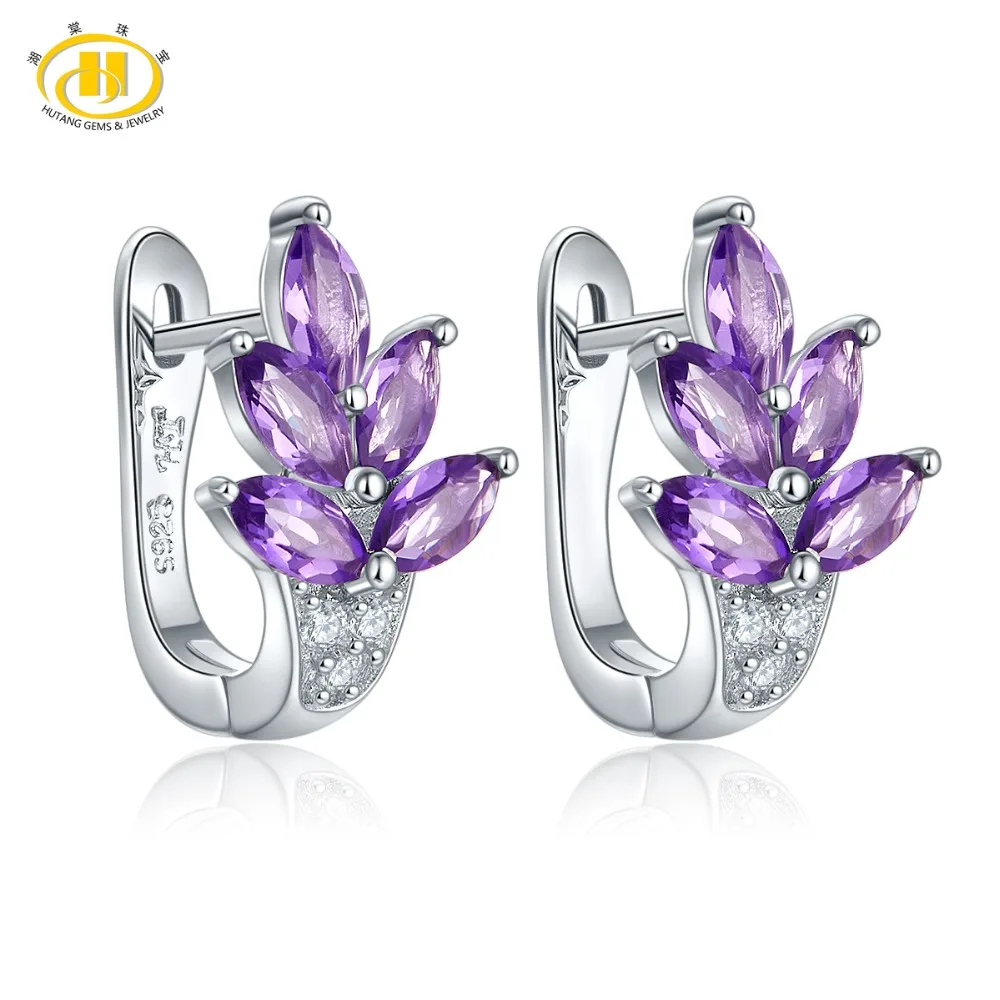 

Hutang Natural Amethyst S925 Sterling Silver Gemstone Flower Hoop Earrings for Women Best Gift Fine Jewelry New Style 2018