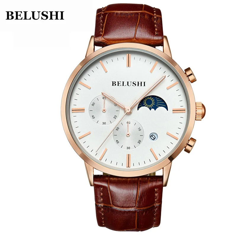 

BELUSHI 526 Moon and Stars Change Quartz Wristwatches Genuine Leather Strap Simple Male/Men Business Watches Relogio Masculino
