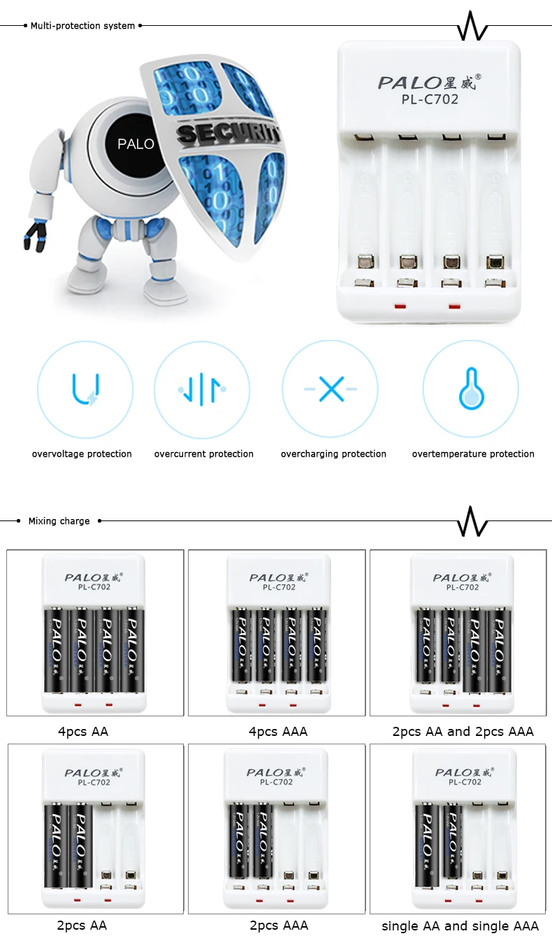 PALO AA aaa зарядное устройство для AA AAA Ni-MH NI-CD аккумуляторная батарея+ 4 шт. AAA домашняя Интеллектуальная батарея 1,2 В батарея