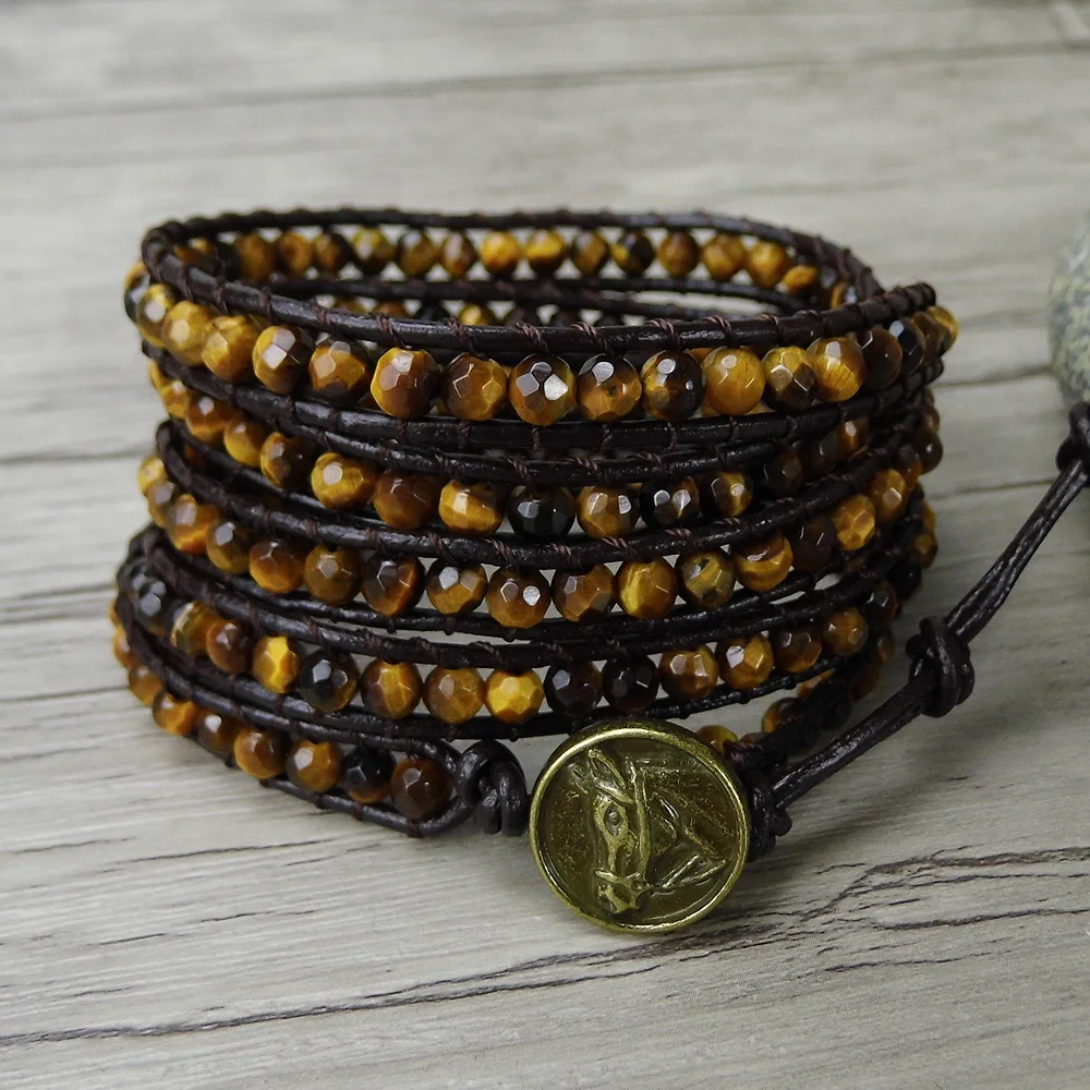Bead wrap bracelet Tiger eye bracelet boho bead bracelet men leather