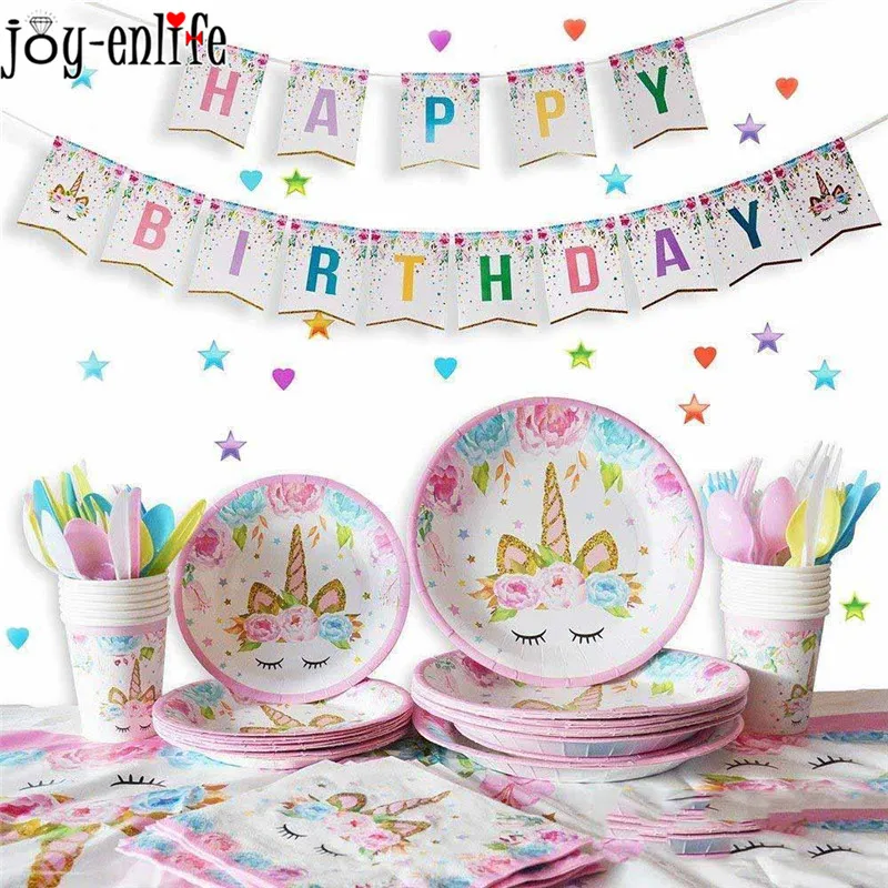 

JOY-ENLIFE Birthday Party Disposable Tableware Set Unicorn Party Bunting Flag Napkin Tablecover Baby Shower Kids Party Supplies