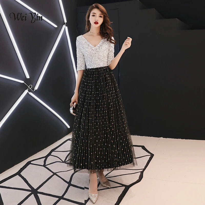 

weiyin 2019 Black White Sequined Long Evening Dresses Half Sleeves Elegant Women Formal Gowns Mother of the Bride Dresses WY1203