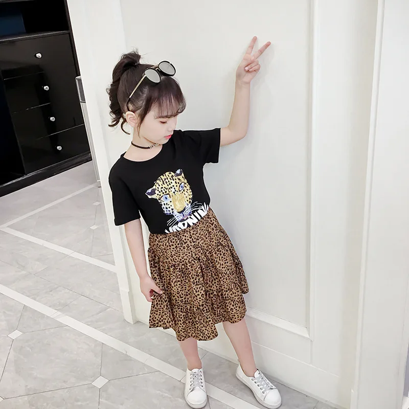 

Summer 2019 Infant Kids Girls Clothing Set Short Sleeve T-shirt Leopard Dress Suit Children Outfits Clothes for Girls 8 12 Years