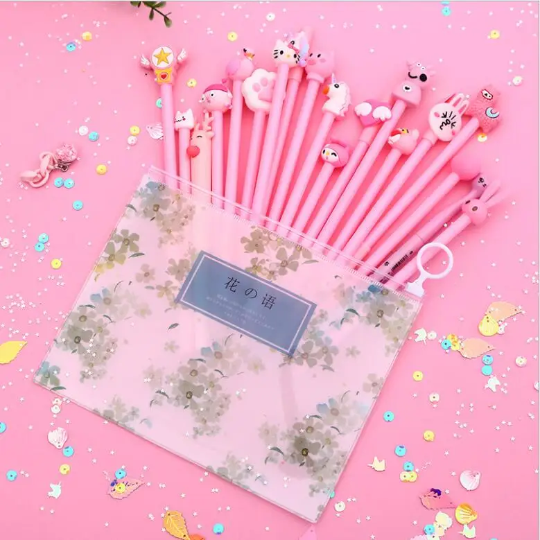 

20pcs/pack Kawaii Korean Black Ink Gel Pen Writing Pen With File Folder Organizer Bag Students School Office Stationery Supplies